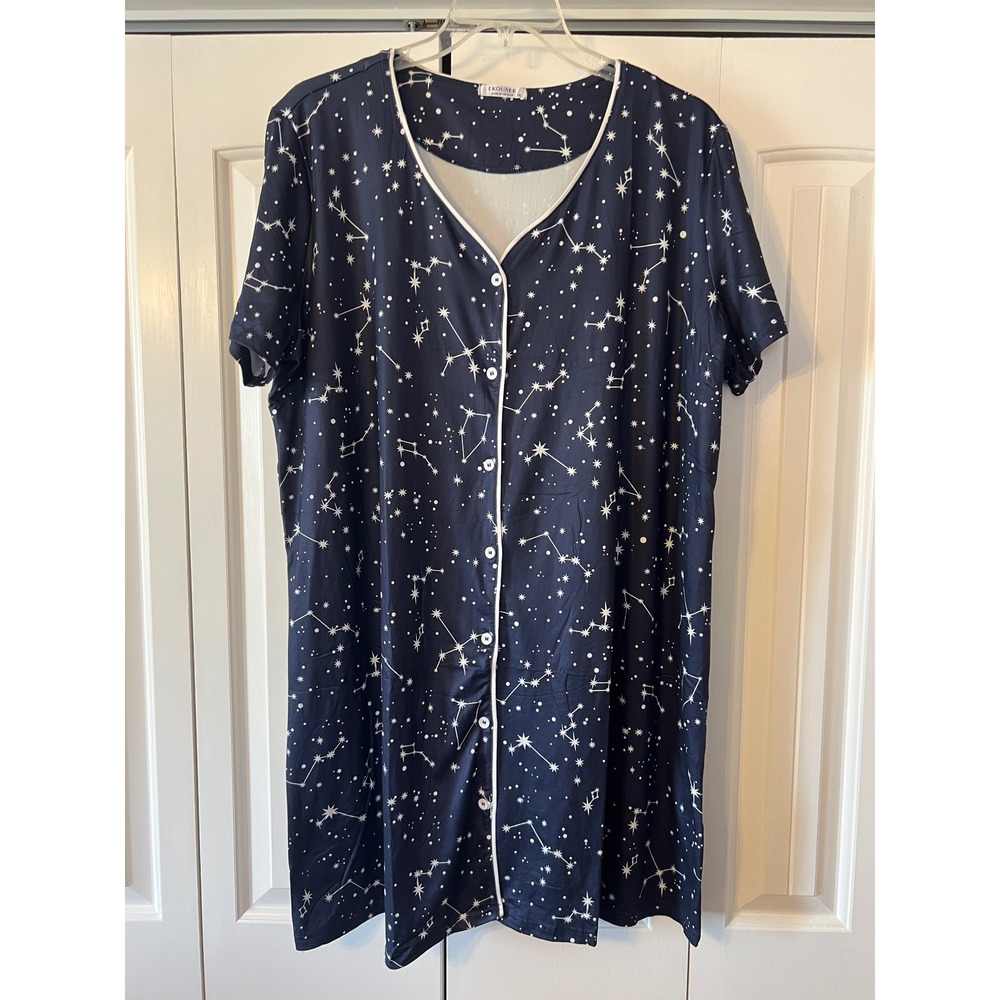 Ekouer Womens Celestial Constellation Nightshirt Navy Blue Button Down XXL NEW